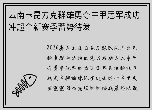 云南玉昆力克群雄勇夺中甲冠军成功冲超全新赛季蓄势待发